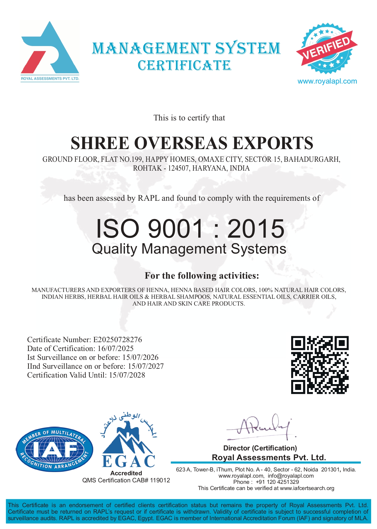 ISO 9001:2015 Certification - Herbal Products Manufacturer India